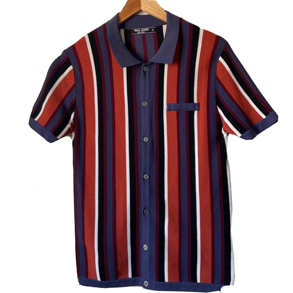 Retro‎ Paul Jones Striped Short Sleeve Knit Button Down Bowling Shirt Men's Med
